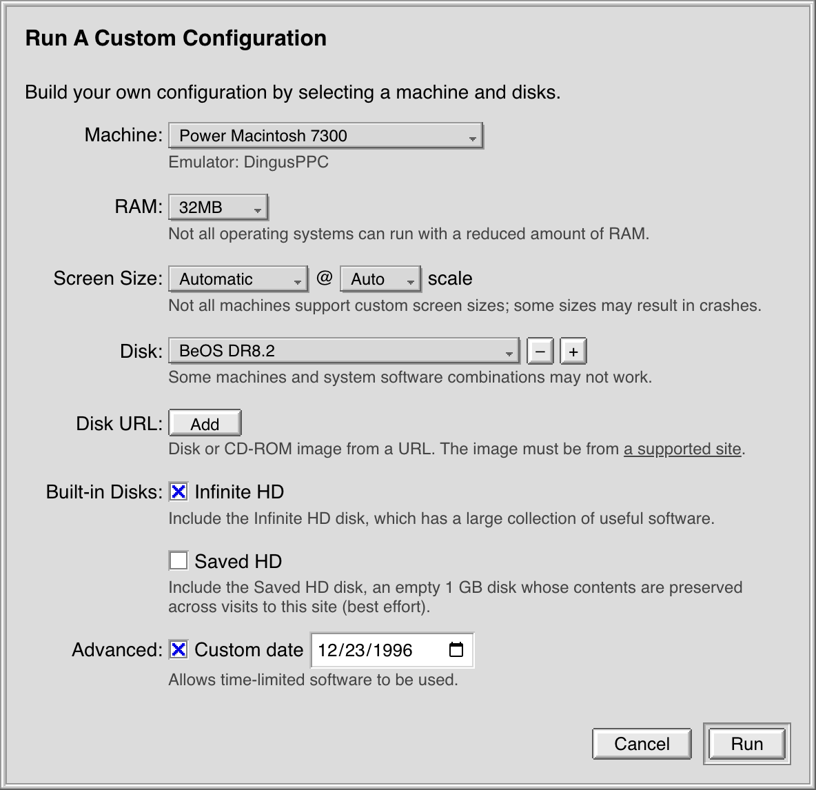 Infinite Mac custom instance dialog with a BeOS control appearance.