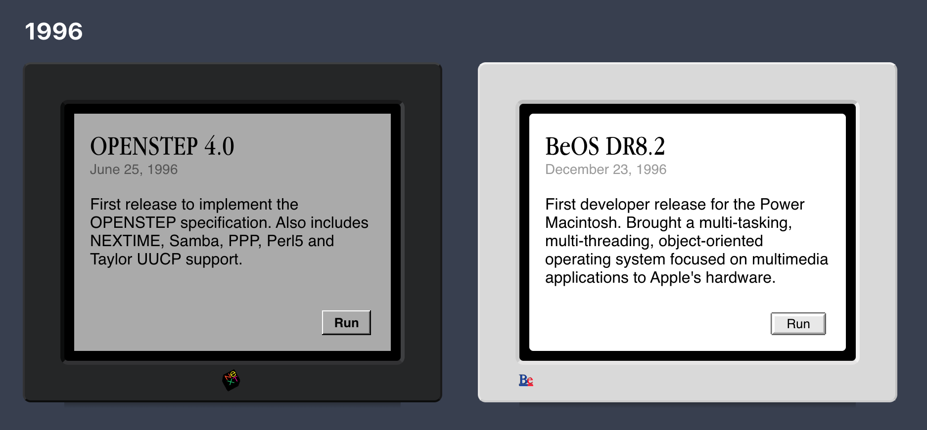 OPENSTEP 4.0 and BeOS DR8.2, side-by-side in Infinite Mac's disk browser'