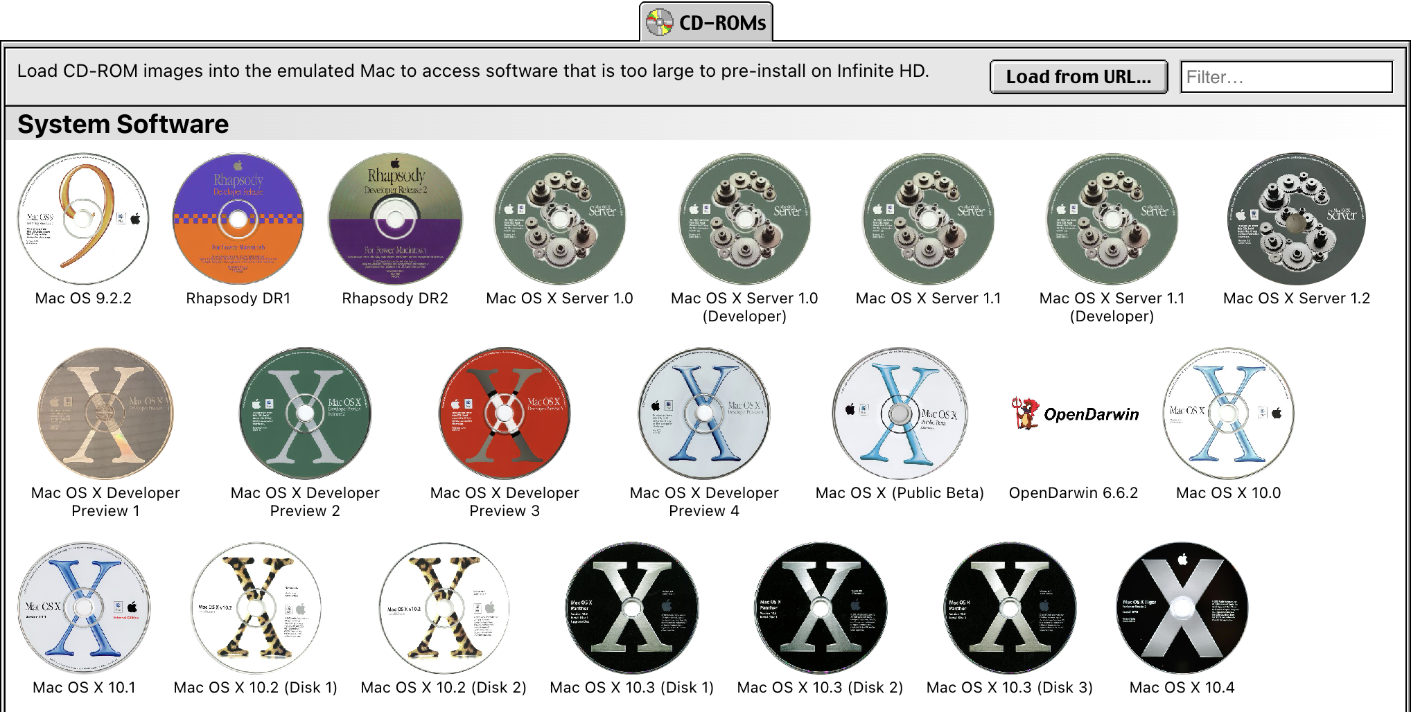 Infinite Mac CD-ROM drawer showing a lot of system CDs.