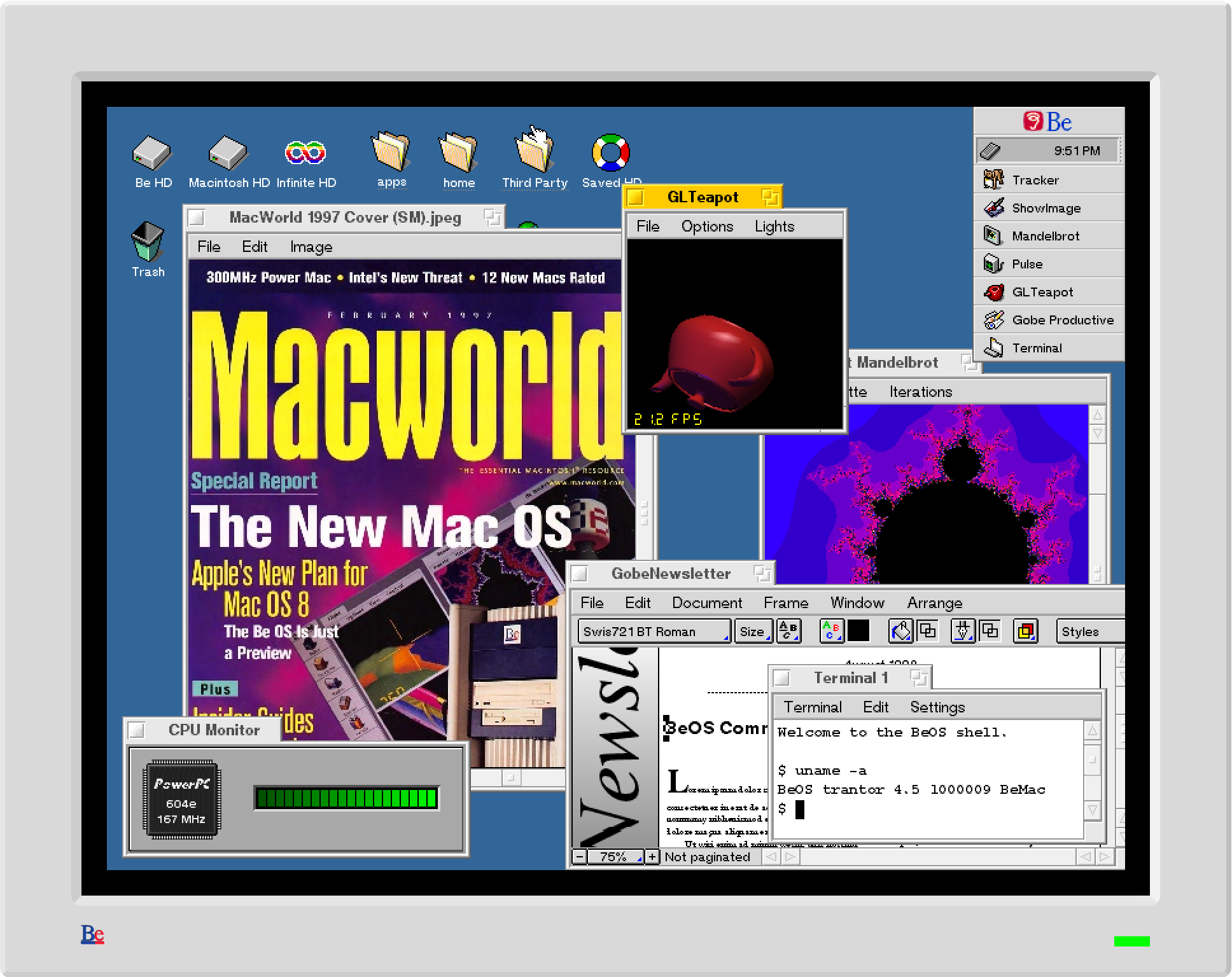BeOS R5 running inside Infinite Mac, showing GL Teapot, Mandelbrot, Gobe Productive, Terminal, image viewer and CPU monitor.