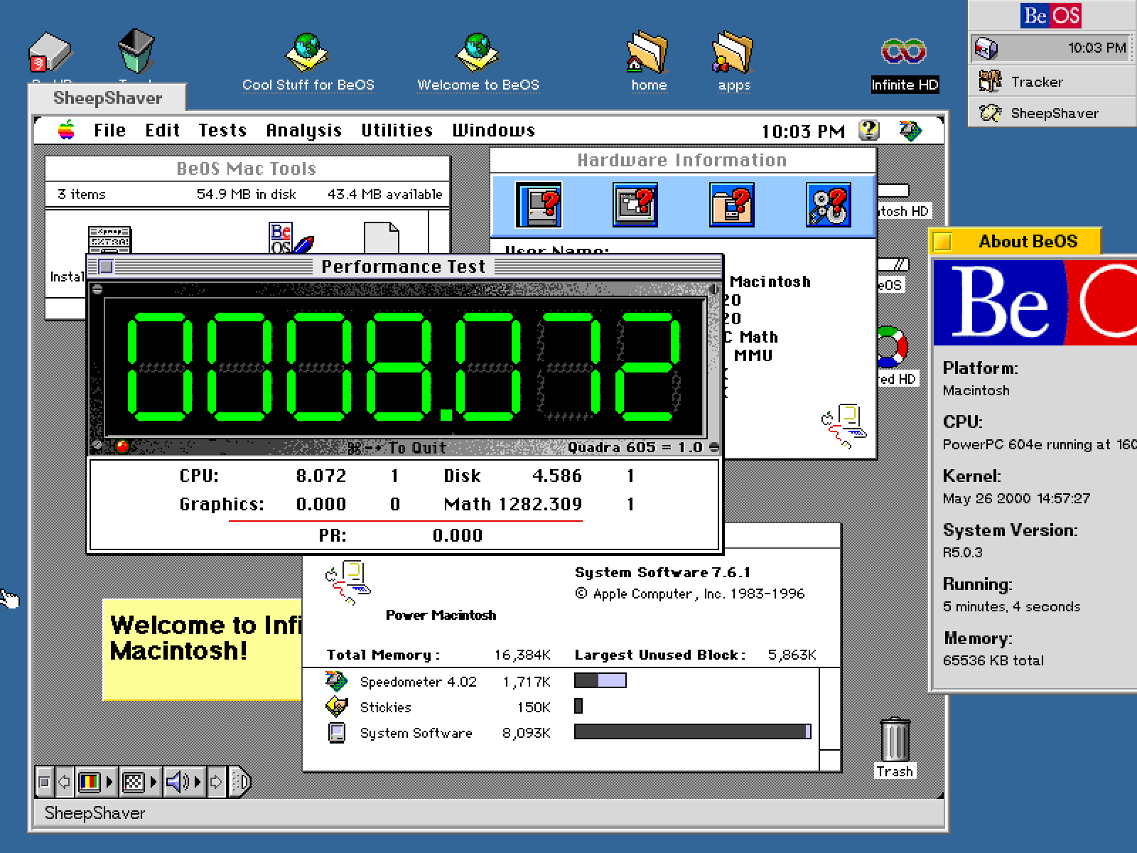 Infinite Mac emulating BeOS R5 emulating System 7.6.1 running Speedometer