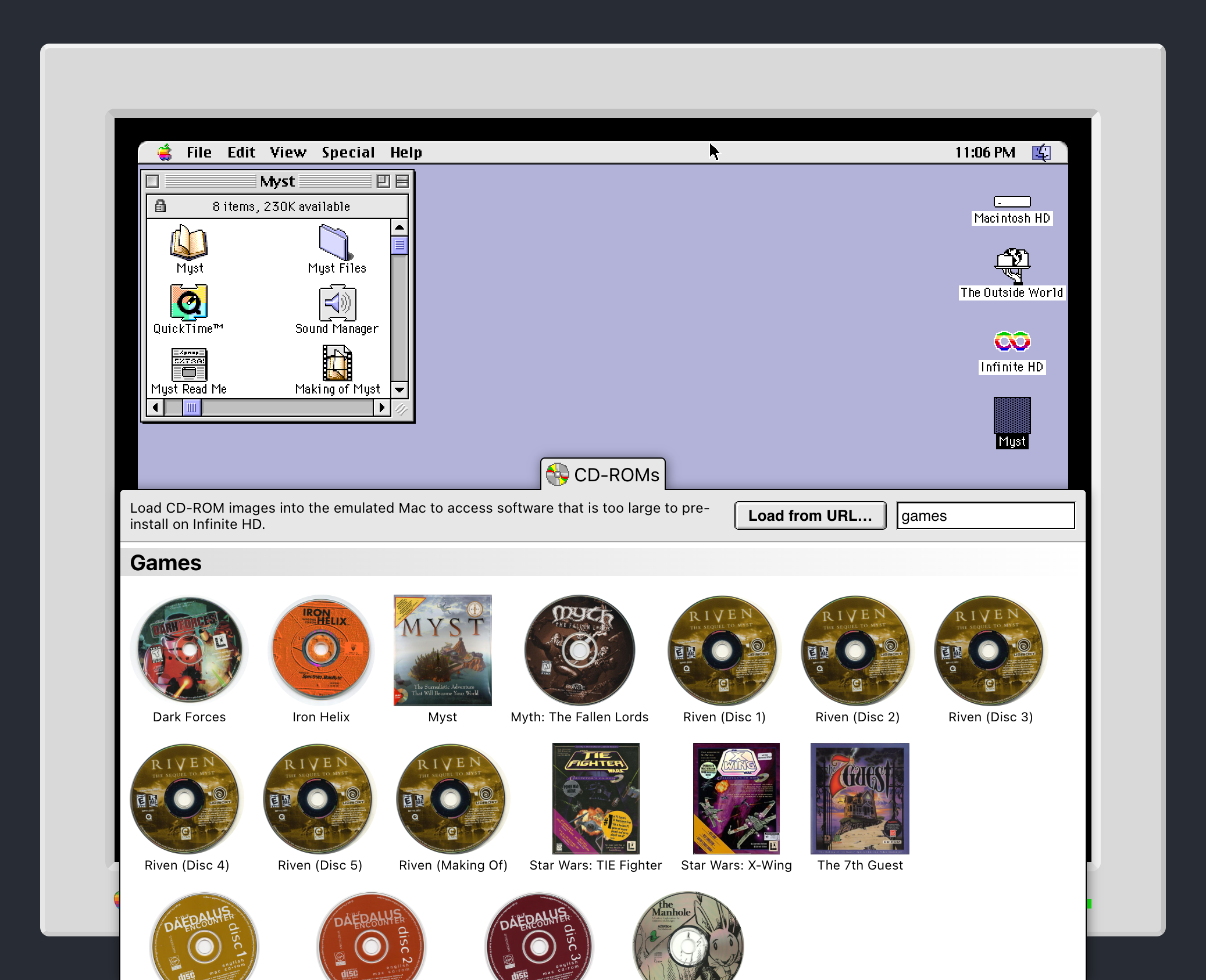 Infinite Mac with CD-ROM library pop-up window open
