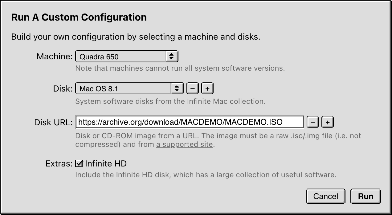 Custom configuration dialog, matching a Mac OS 8.1 startup disk