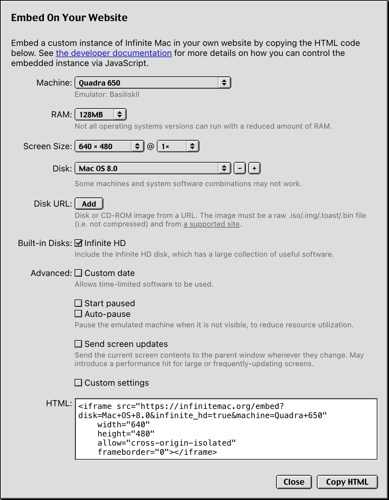 Infinite Mac embed builder dialog
