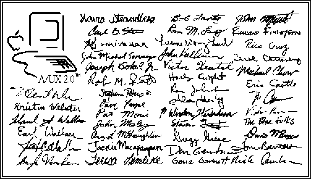 A/UX 2.0 about box, showing the signatures of all those woho made it