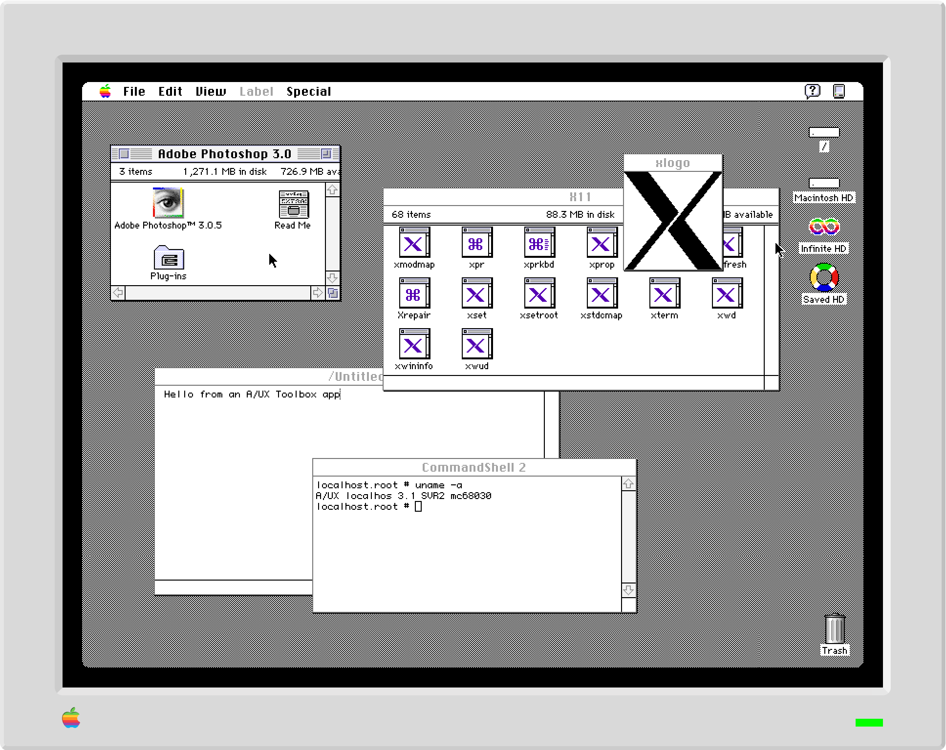 A/UX 3.1 running inside Infinite Mac, showing the Finder opened to a Photoshop Window, the xlogo X11 program, and a command shell.