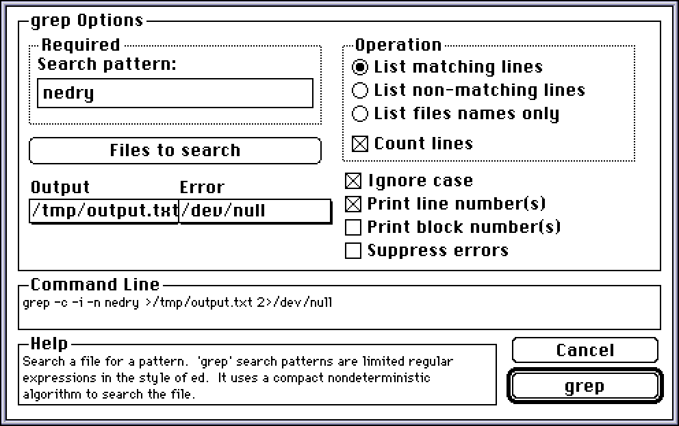 A/UX Command dialog for the 'grep' command, showing some of its options as checkboxes and radio buttons