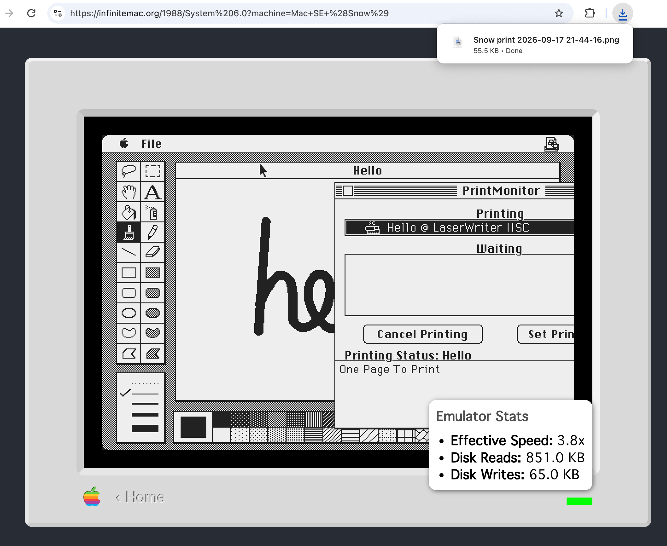 MacPaint "printing" to a PNG file inside the Snow emulator on Infinite Mac