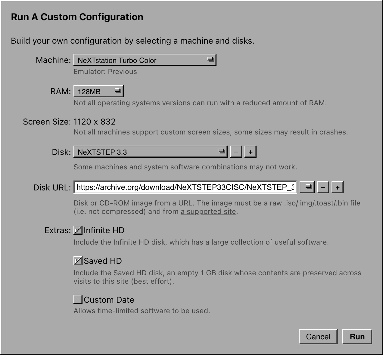 Infinite Mac custom instance configuration dialog, rendered with a NeXTStep appearance