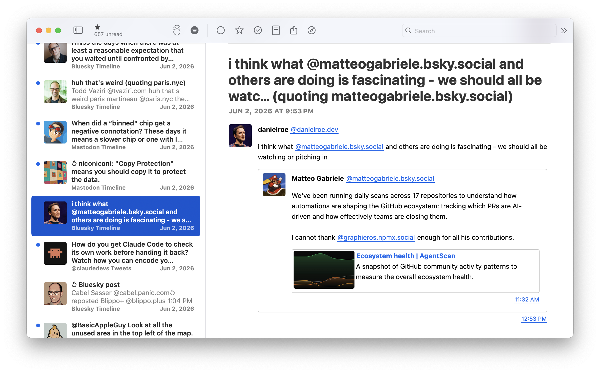 NetNewsWire showing Bluesky, Mastodon and Twitter posts