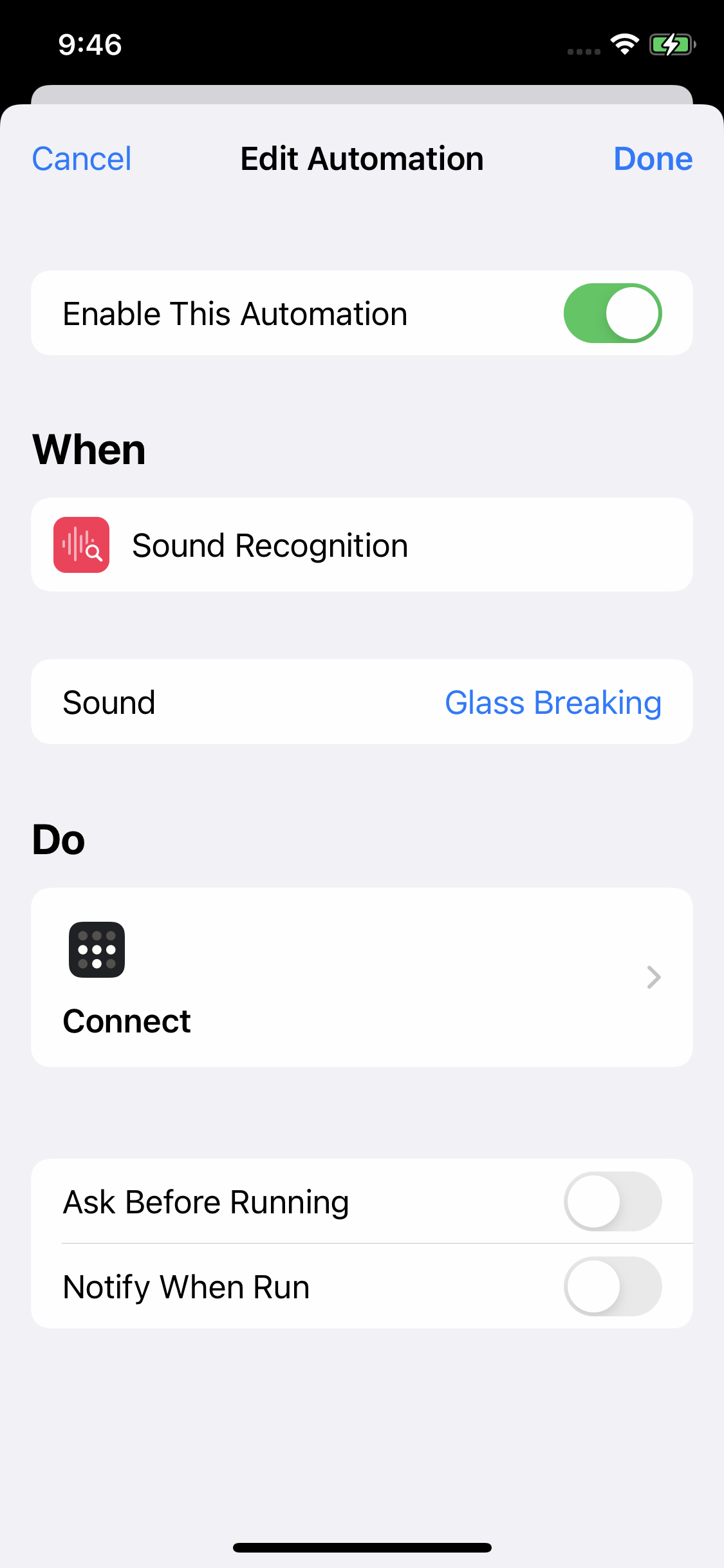 iOS Shortcuts automation that connects Tailscale when the sound of breaking glass is detected