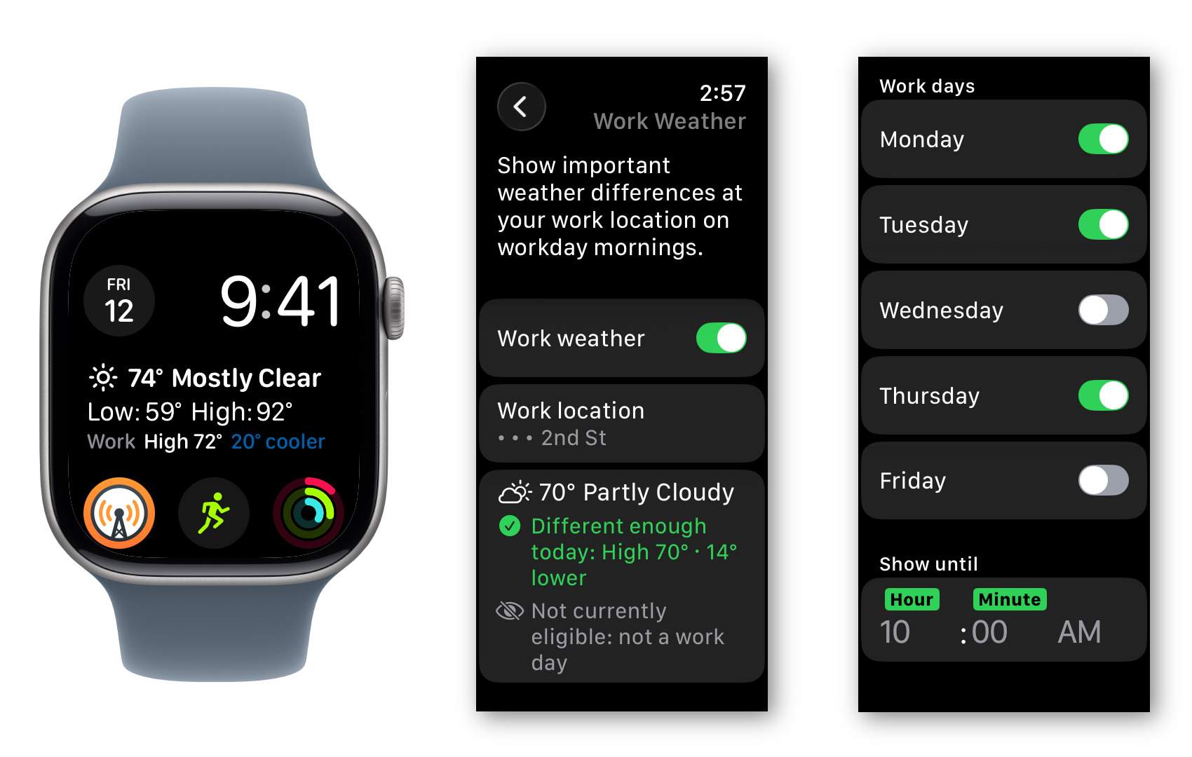 Weather Text work mode screenshots: watch face with complication showing a 20 degree difference between home and work, and the settings to configure work mode
